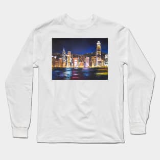 Hong Kong Victoria Harbor night view oil painting Long Sleeve T-Shirt